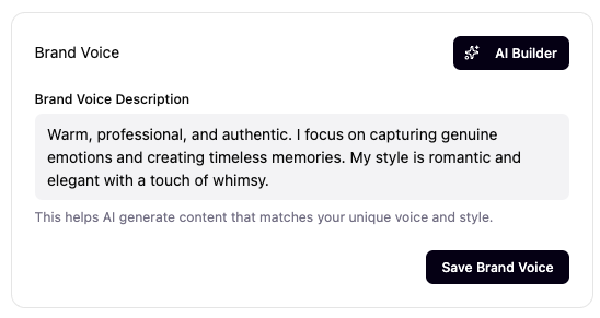 an image of Social Valet's interface, with a textbox requiring user input about their brand voice description