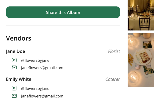 an image showing the vendors section of Social Valet's interface, indicating the name of the vendor, their profession, and contact details